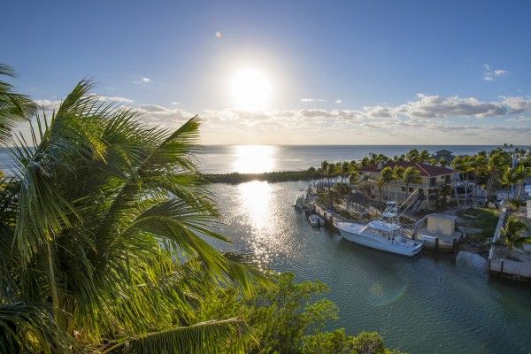 The image shows a scenic coastal view with a calm bay, docked boats, palm trees, and residential houses, all under a clear, sunny sky.