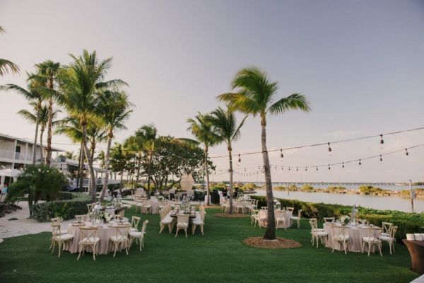 An outdoor event setup with round tables and chairs on a lawn near palm trees and water; string lights are hung overhead, creating a festive atmosphere.