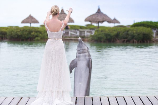 A person in a white dress stands on a dock with arms raised, facing a dolphin that is emerging from the water.