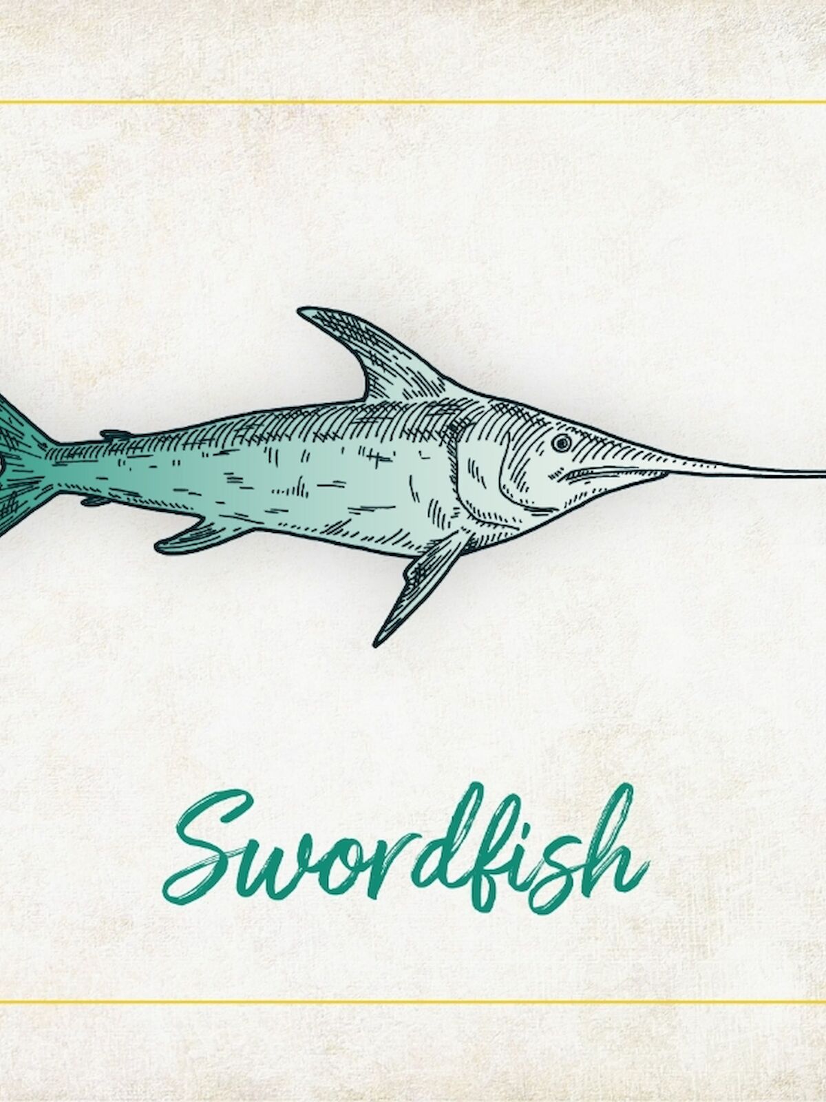 The image shows an illustration of a swordfish with the word 