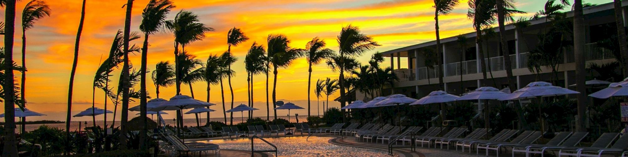 A serene pool scene with palm trees silhouetted against a vibrant sunset sky, accompanied by a resort building and lounge chairs.