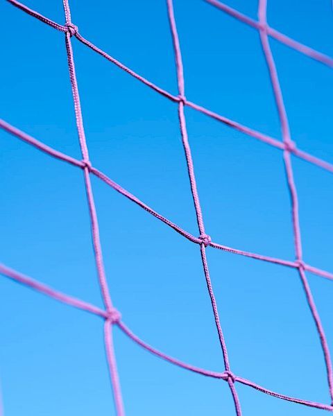 The image shows a close-up of a purple or pink net against a clear blue sky background, with the net's knots and threads clearly visible.