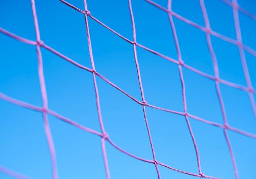 The image shows a close-up of a purple or pink net against a clear blue sky background, with the net's knots and threads clearly visible.